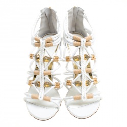Pre Owned Loriblu Bijoux White Leather Crystal Embellished Strappy Sandals Size 37