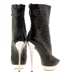 Pre Owned Loriblu Black Leather Studded Peep Toe Platform Boots Size 39