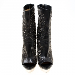 Pre Owned Loriblu Black Leather Studded Peep Toe Platform Boots Size 39