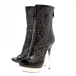 Pre Owned Loriblu Black Leather Studded Peep Toe Platform Boots Size 39