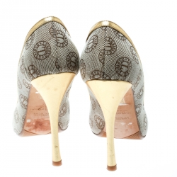 Loriblu Beige Canvas Monogram Peep Toe Pumps Size 38