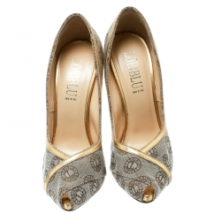 Loriblu Beige Canvas Monogram Peep Toe Pumps Size 38