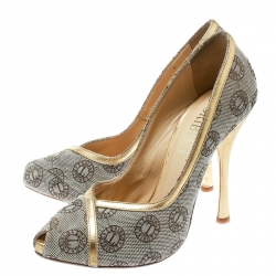 Loriblu Beige Canvas Monogram Peep Toe Pumps Size 38