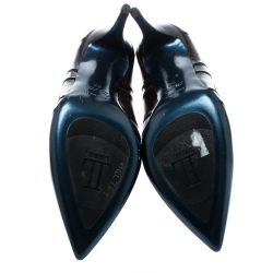 Pre Owned Loriblu Brown Leather Stitch Detail Crystal Embellished Pointed Toe Pumps Size 37