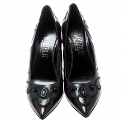 Pre Owned Loriblu Brown Leather Stitch Detail Crystal Embellished Pointed Toe Pumps Size 37