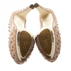 Loriblu Beige Leather Stud Embellished Peep Toe Platform Pumps Size 38