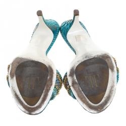 Loriblu Two Tone Blue Python Leather Crystal And Chain Embellished Slide Mules Size 39
