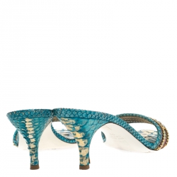 Loriblu Two Tone Blue Python Leather Crystal And Chain Embellished Slide Mules Size 39