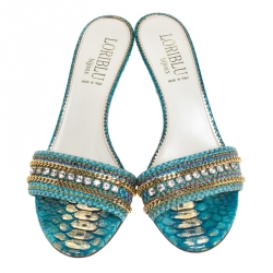 Loriblu Two Tone Blue Python Leather Crystal And Chain Embellished Slide Mules Size 39