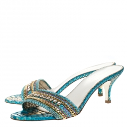 Loriblu Two Tone Blue Python Leather Crystal And Chain Embellished Slide Mules Size 39