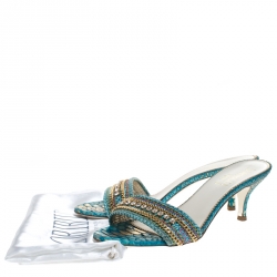 Loriblu Two Tone Blue Python Leather Crystal And Chain Embellished Slide Mules Size 39