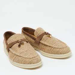 Pre Owned Loro Piana Beige/Brown Linen and Suede Summer Charms Walk Slip On Loafers Size 37.5
