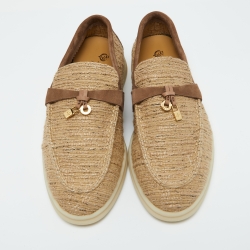 Pre Owned Loro Piana Beige/Brown Linen and Suede Summer Charms Walk Slip On Loafers Size 37.5