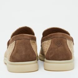 Pre Owned Loro Piana Beige/Brown Linen and Suede Summer Charms Walk Slip On Loafers Size 37.5