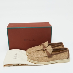 Pre Owned Loro Piana Beige/Brown Linen and Suede Summer Charms Walk Slip On Loafers Size 37.5