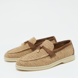 Pre Owned Loro Piana Beige/Brown Linen and Suede Summer Charms Walk Slip On Loafers Size 37.5
