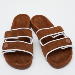 Pre Owned Loro Piana Brown/White Suede and Leather Waikiki Flat Slides Size 38