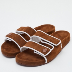 Pre Owned Loro Piana Brown/White Suede and Leather Waikiki Flat Slides Size 38