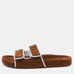 Pre Owned Loro Piana Brown/White Suede and Leather Waikiki Flat Slides Size 38