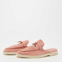 Pre Owned Loro Piana Pink Suede Babouche Charms Walk Flat Mules Size 38.5