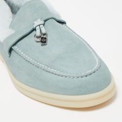 Pre Owned Loro Piana Blue Suede and Shearling Fur Summer Charms Walk Loafers Size 38.5 