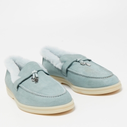 Pre Owned Loro Piana Blue Suede and Shearling Fur Summer Charms Walk Loafers Size 38.5 