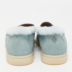 Pre Owned Loro Piana Blue Suede and Shearling Fur Summer Charms Walk Loafers Size 38.5 