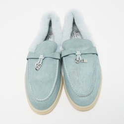 Pre Owned Loro Piana Blue Suede and Shearling Fur Summer Charms Walk Loafers Size 38.5 