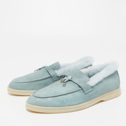 Pre Owned Loro Piana Blue Suede and Shearling Fur Summer Charms Walk Loafers Size 38.5 