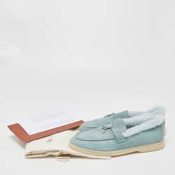 Pre Owned Loro Piana Blue Suede and Shearling Fur Summer Charms Walk Loafers Size 38.5 
