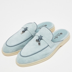 Pre Owned Loro Piana Blue Suede Babouche Charms Walk Flat Mules Size 39.5