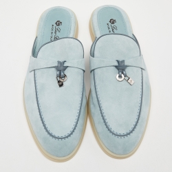 Pre Owned Loro Piana Blue Suede Babouche Charms Walk Flat Mules Size 39.5