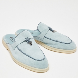 Pre Owned Loro Piana Blue Suede Babouche Charms Walk Flat Mules Size 39.5