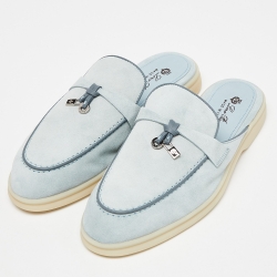 Pre Owned Loro Piana Blue Suede Babouche Charms Walk Flat Mules Size 38