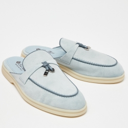 Pre Owned Loro Piana Blue Suede Babouche Charms Walk Flat Mules Size 38