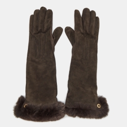 Pre Owned Loro Piana Brown Suede and Leather Fur Trim Gloves M