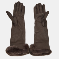 Pre Owned Loro Piana Brown Suede and Leather Fur Trim Gloves M