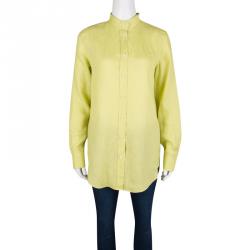 Pre Owned Loro Piana Yellow Linen Mandarin Collar Long Sleeve Button Front Shirt M