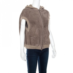 Pre Owned Loro Piana Beige Suede Shearling Lined Sleeveless Hooded Bomber Jacket M