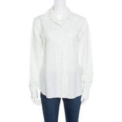 Pre Owned Loro Piana White and Green Striped Cotton Linen Long Sleeve Shirt M