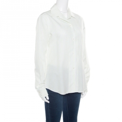 Pre Owned Loro Piana White and Green Striped Cotton Linen Long Sleeve Shirt M