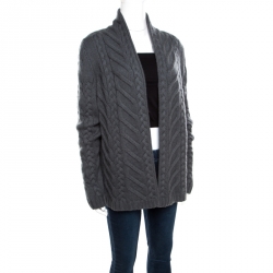 Pre Owned Loro Piana Grey Chunky Cable Knit Open Front Cardigan L
