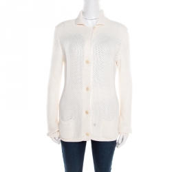 Loro Piana Cream Silk and Cotton Chunky Knit Button Front Cardigan M