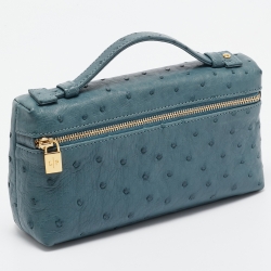 Pre Owned Loro Piana Teal Ostrich Zip L19 Pouch