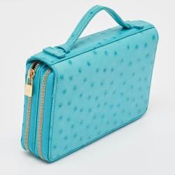 Pre Owned Loro Piana Light Blue Ostrich Leather Double Zip Clutch