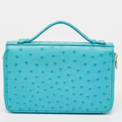 Pre Owned Loro Piana Light Blue Ostrich Leather Double Zip Clutch