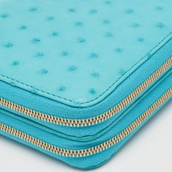 Pre Owned Loro Piana Light Blue Ostrich Leather Double Zip Clutch