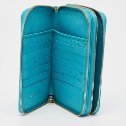 Pre Owned Loro Piana Light Blue Ostrich Leather Double Zip Clutch