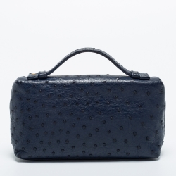 Pre Owned Loro Piana Navy Blue Ostrich Zip L19 Pouch