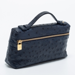 Pre Owned Loro Piana Navy Blue Ostrich Zip L19 Pouch
